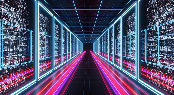Futuristic data center tunnel with glowing light trails