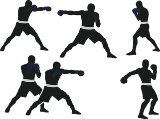 Boxer silhouette illustration with gloves, fighting stance, punching action, martial arts training, fitness sport, strength concept design