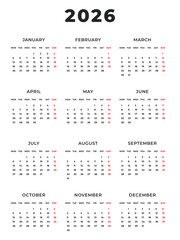Calendar Template for 2026 Year with Monday Start