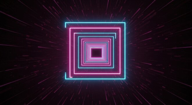 Vibrant Neon Square Tunnel - Retro Futuristic Hyperspace Background - Powered by Adobe