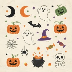 Set of watercolor illustrations on Halloween. Witch's hat, boiling pot, potions, broom, black cat, tree silhouette, pumpkin, ghost