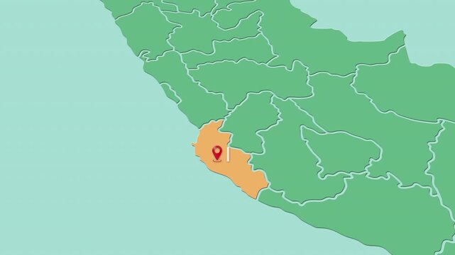 Mapa de Per&uacute; con divisi&oacute;n pol&iacute;tica resaltando el departamento de Ica