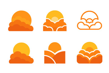 Fototapeta premium Sunset Sky Logos. Sunset Sky. Set Logo of Sunset Sky: layered clouds with sun glow. harmonious logo variations of the same emblematic concept, each with