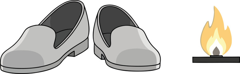 A solemn tribute with empty shoes beside a single memorial flame. A minimalist concept symbolizing loss, absence, remembrance, and mourning for a departed loved one.