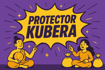 Obraz premium Comic Burst Treasure. Protector Kubera banner, flat vector illustration, bold oversized text inside comic burst, cartoon characters sitting and pointing,