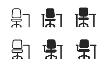 Fototapeta premium Logo Variations Grid. Tech startup office space. Set Logo of Startup workspace: modern office chair and desk. harmonious logo variations of the same emblematic