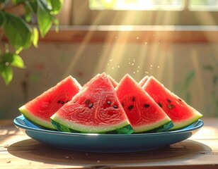 Sliced watermelon slices on a blue plate in natural sunlight