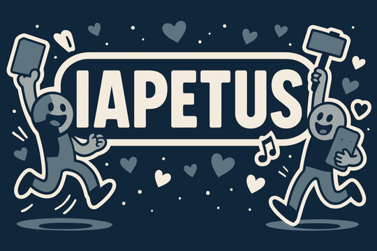 Iapetus Dance Celebration. Celestial Iapetus banner, flat vector illustration, bold oversized text inside sticker outline, cartoon characters jumping and