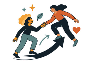 Obraz premium Guiding Growth Icons. Mentorship. Glowing woman guiding another woman upward with supportive hand. Floating icons of sparkle, heart, and leaf symbolizing