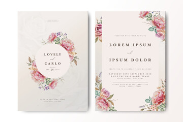 Elegant wedding invitation card design featuring soft pink roses and green leaves with a touch of delicate florals. Clean, minimal text layout on a soft pastel background, perfect for weddings and VIP