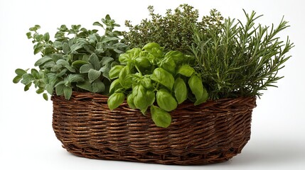 Naklejka premium Basket filled with herbs and greenery on a white background with clipped top