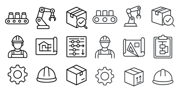 Construction and engineering outline icons set – linear, building tools and design elements