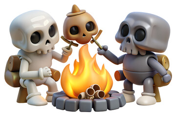 Three cartoon skeletons around a campfire roasting a skull on sticks with backpacks on their backs on transparent background