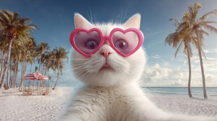 White cat in glitter crown and pink heart-shaped sunglasses