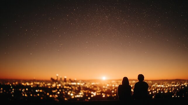 Silhouettes of two people gazing at vibrant cityscape under twilight sky