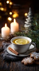 Cozy winter evening scene with warm tea, lemon slice, and cinnamon stick beside festive candles and holiday decorations on rustic wooden surface