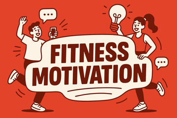 Dynamic Fitness Inspiration. Fitness motivation banner, flat vector illustration, bold oversized text inside sticker outline, cartoon characters dancing and