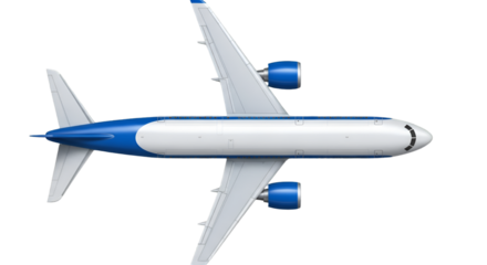 Top-down view of a blue and white passenger jet airplane