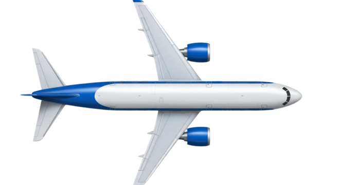 Top-down view of a blue and white passenger jet airplane