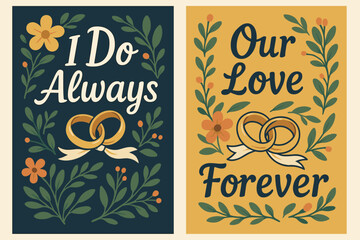 Fototapeta premium Wedding Vow Banners. Vows. Two vertical A6 banners, cartoon, navy and gold backgrounds, wedding rings with ribbon and floral accents, first banner with text 