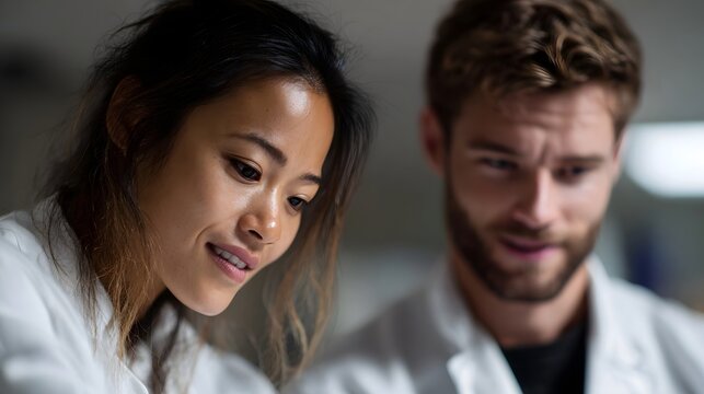 Two professionals in lab coats collaborating on a scientific project in a laboratory setting