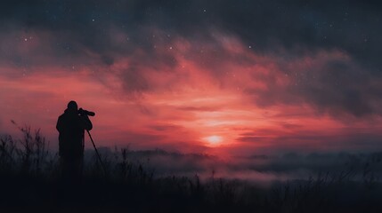 Fototapeta premium A silhouetted observer uses a telescope to watch the sunrise over a misty landscape under a dramatic colorful sky