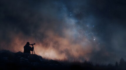 Fototapeta premium A silhouette of a person gazes through a telescope at the glowing Milky Way galaxy in a misty night sky