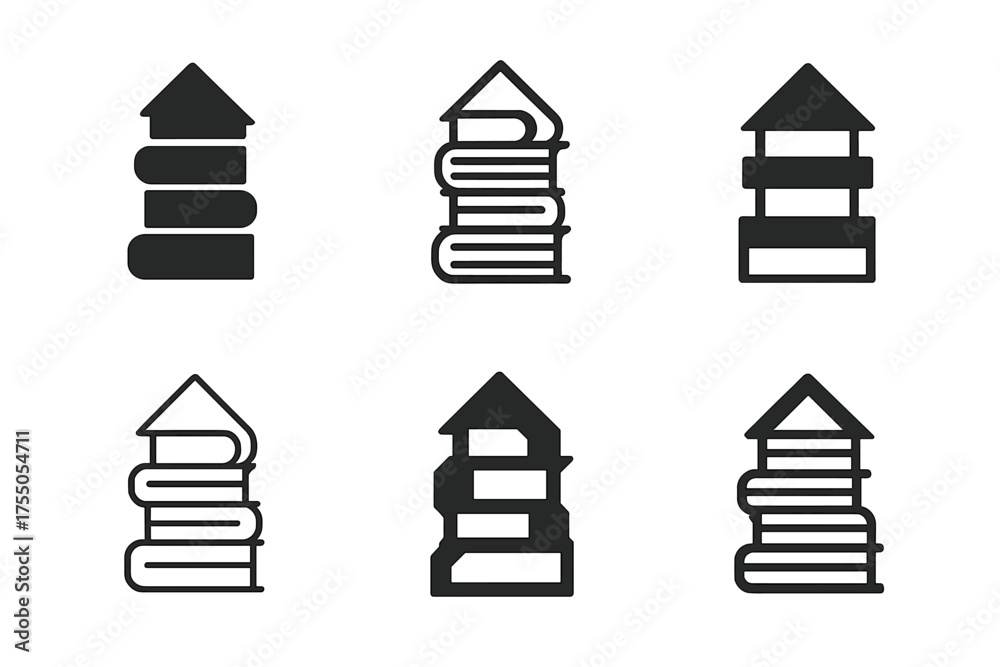Wall mural library logo variations. bookshelf stack. set logo of library: library tower of books. harmonious lo