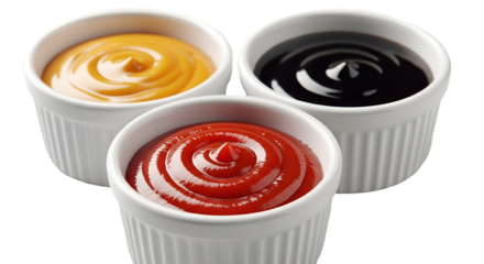 Three Condiments in Ramekins: Ketchup, Mustard, and Soy Sauce