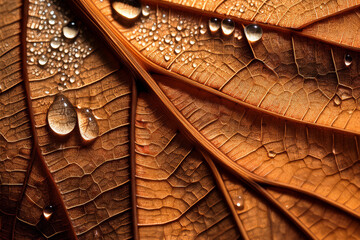 Macro texture of dried leaf with dew drops