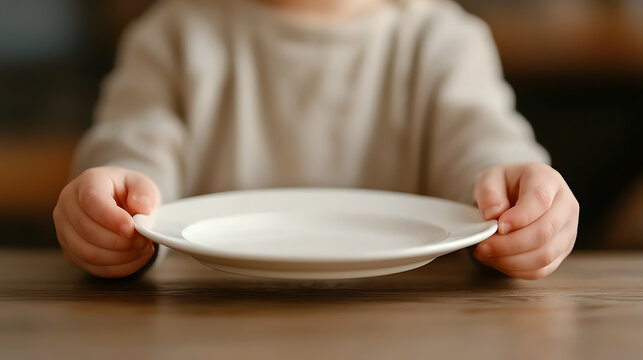 Child awaiting food with an empty plate on a wooden table, symbolizing hunger or anticipation in a home setting.