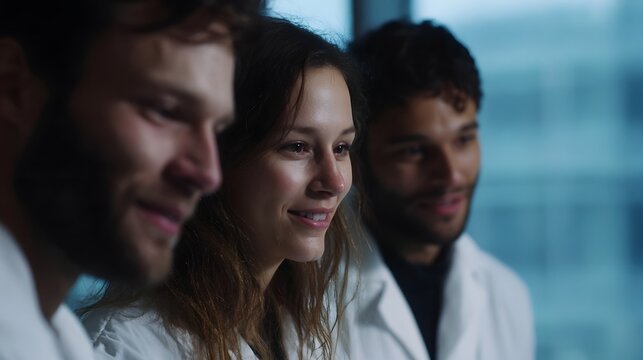 Three diverse scientists in lab coats collaborating and smiling in a bright cool lit laboratory setting