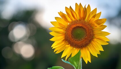 Obraz premium A Single Sunflower Vibrant Yellow Petals Tall Green Stem Isolated Against A Blurred Background Full Bloom Floral Vibrant