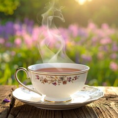 Steaming beverage in ornate cup atop weathered wooden surface