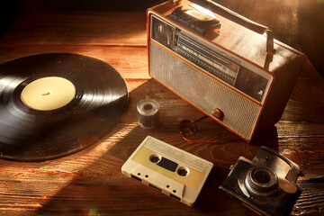 High resolution still life of retro tech gadgets: cassette tape, vintage radio, analog camera, vinyl record, all laid out on rustic wooden table, warm moody lighting, dust particles in light beam, sha
