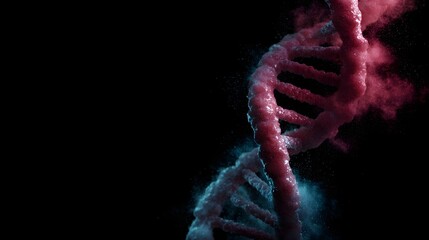 Abstract 3D DNA double helix model with vibrant red and blue particles against a dark background