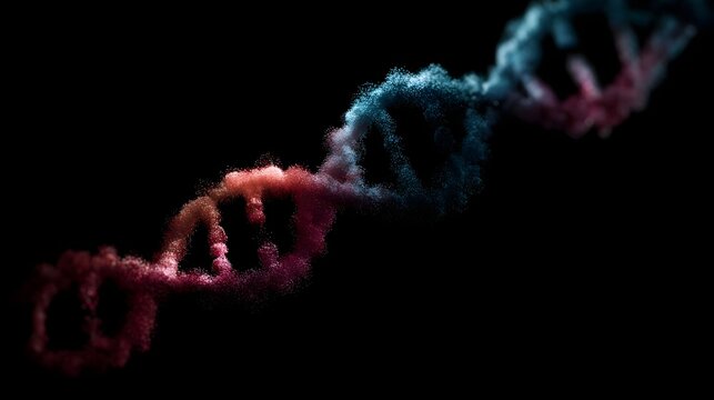 A vibrant abstract DNA double helix structure rendered with glowing particles against a dark background