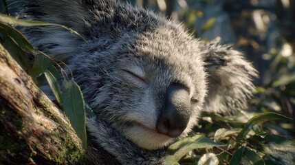   A close-up of a koala sleeping peacefully in a leafy tree with its head resting atop a branch, captures the unique charm and serenity of this beloved Australian mars