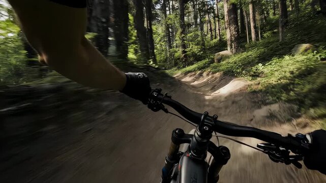 Point of view mountain biking downhill forest trail adventure - Powered by Adobe