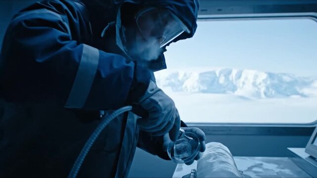 Scientist analyzing an ice core sample in an Antarctic research lab.