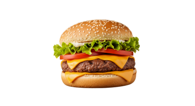 Delicious burger cheeseburger food hamburger fastfood meal sandwich sesame on transparent background
