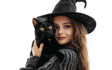 Girl holding a black cat while wearing a witch outfit both facing the camera for a spooky Halloween theme isolated on transparent background PNG