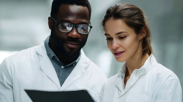 Two scientists in lab coats collaborate and discuss findings in a bright modern laboratory setting