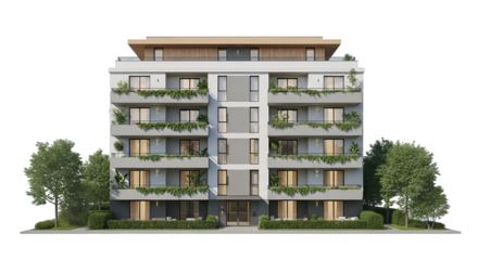 Modern Apartment Building with Green Balconies and Trees