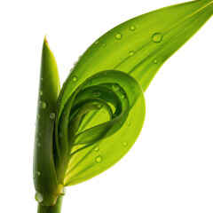 Extreme macro of vibrant green palm frond unfurling, glistening dew drops, intricate details on transparent background, dramatic studio lighting, concept of natural growth and vitality