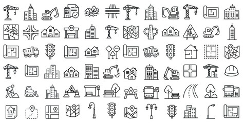Construction and infrastructure icons set – outline, linear, building and tools symbols