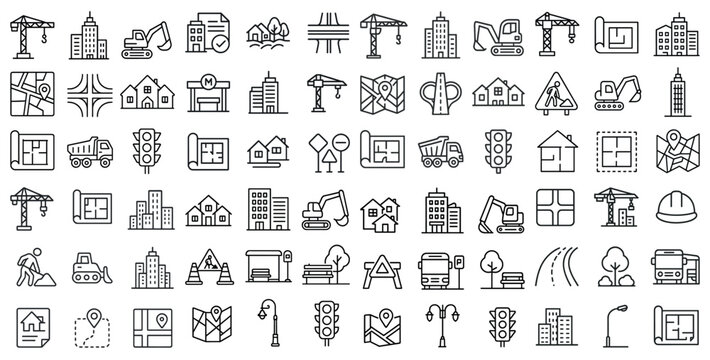 Construction and infrastructure icons set – outline, linear, building and tools symbols