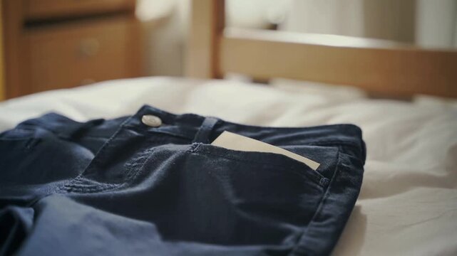 Placing a tag in navy blue pants pocket