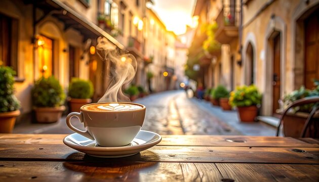 Steaming coffee cup on a wooden table with a blurred street scene