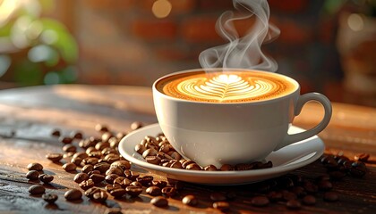 Steaming cup of coffee with latte art on a wooden table, coffee beans